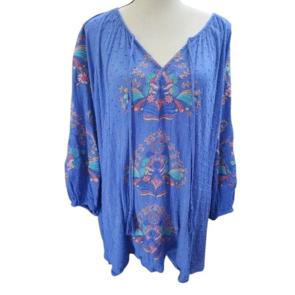 Farmers Market Cornflower Blue Embroidered Peasant Blouse Size 3X